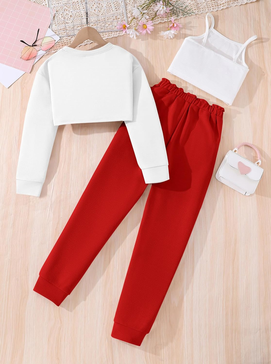 Girls Long Sleeve 3 Piece Outfits Graphic Crop Tee and Cami Top with Pants Set