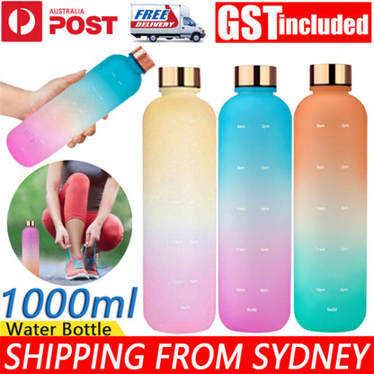 1L Water Bottle Drink Flask with Time Markings BPA Free Sport Gym Motivational