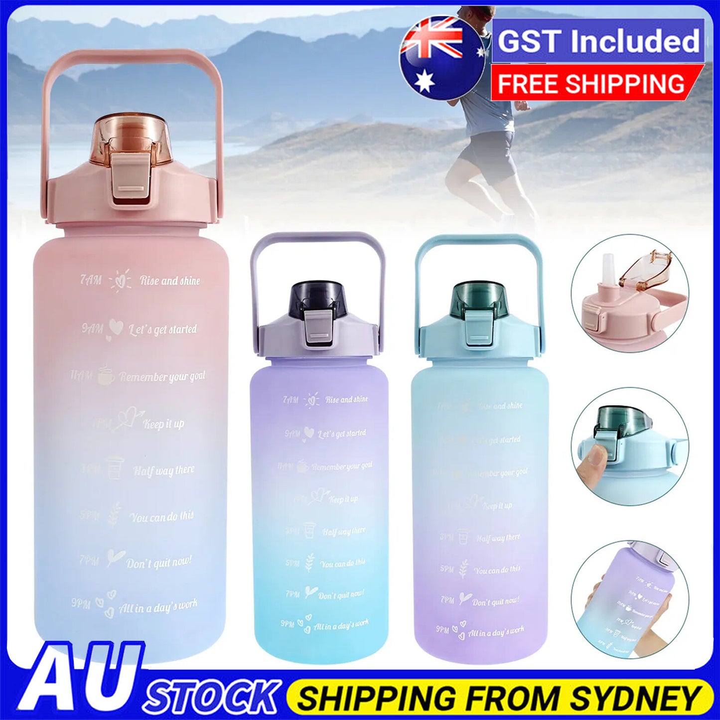 2L Sports Water Bottle Large Capacity Straw Time Motivational Cup Fitness Jugs