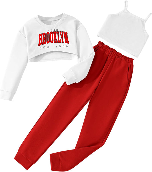 Girls Long Sleeve 3 Piece Outfits Graphic Crop Tee and Cami Top with Pants Set