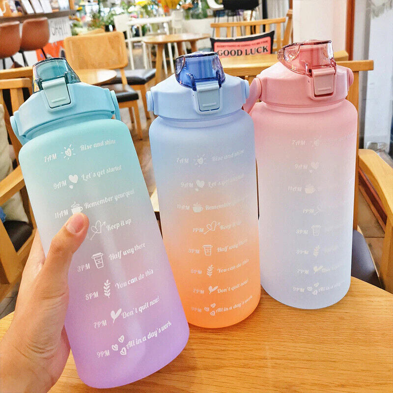 2L Sports Water Bottle Large Capacity Straw Time Motivational Cup Fitness Jugs