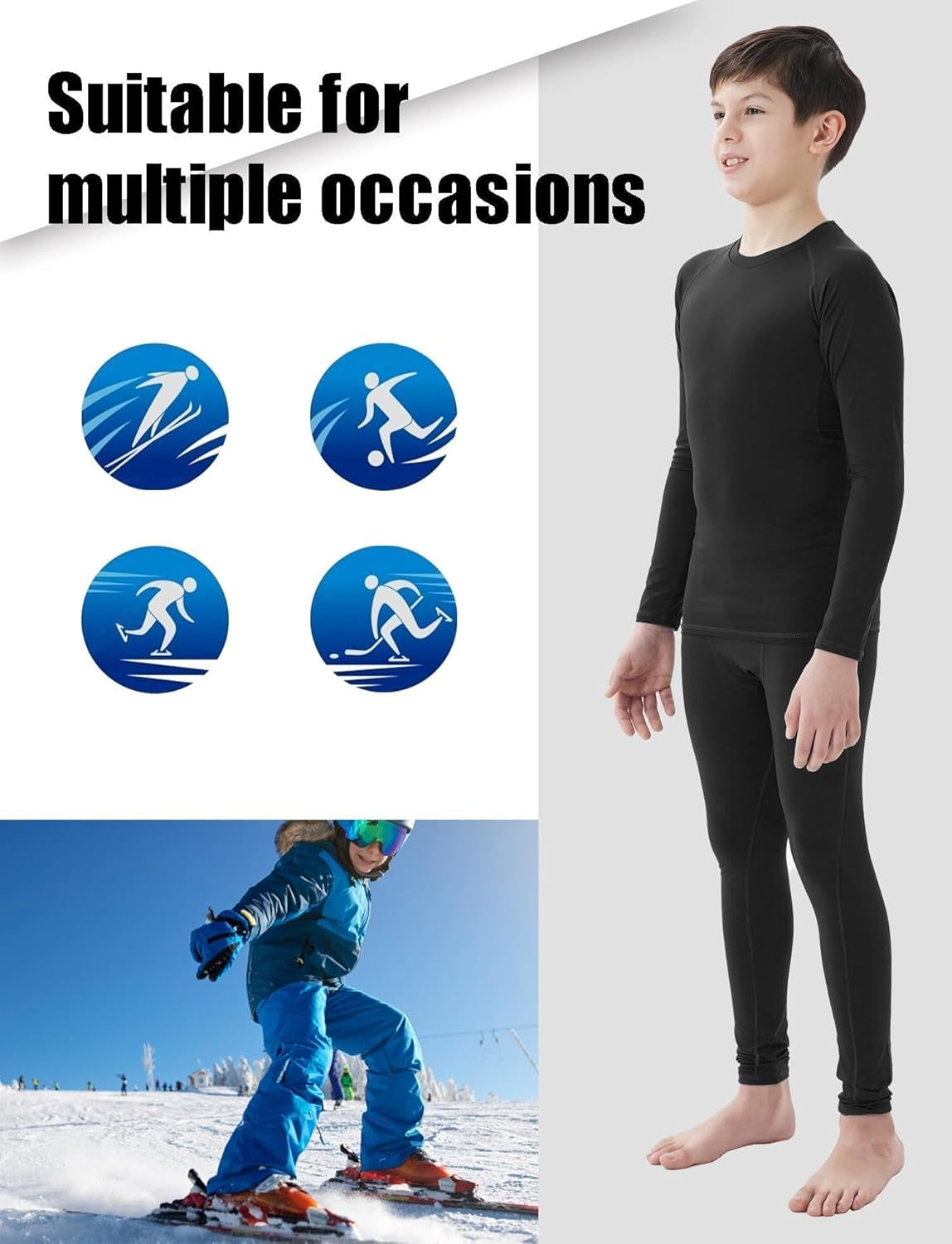 2 Sets Youth Boys Thermal Base Layer Long Johns Compression Leggings and Shirts Fleece Lined Underwear for Kids Girls