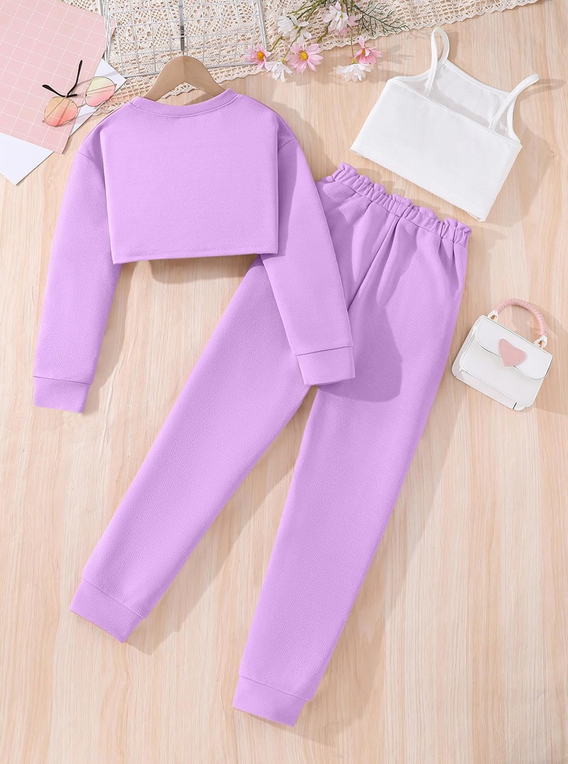 Girls Long Sleeve 3 Piece Outfits Graphic Crop Tee and Cami Top with Pants Set
