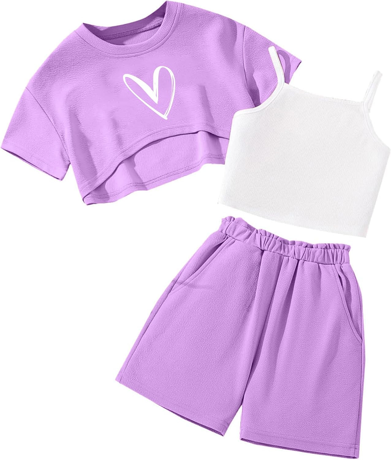 Girls 3 Piece Summer Outfits Graphic Crop Tee and Cami Top with Shorts Set