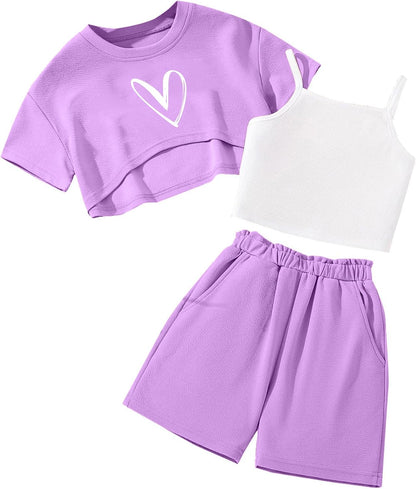 Girls 3 Piece Summer Outfits Graphic Crop Tee and Cami Top with Shorts Set