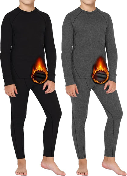 2 Sets Youth Boys Thermal Base Layer Long Johns Compression Leggings and Shirts Fleece Lined Underwear for Kids Girls