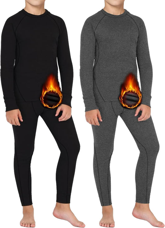 2 Sets Youth Boys Thermal Base Layer Long Johns Compression Leggings and Shirts Fleece Lined Underwear for Kids Girls