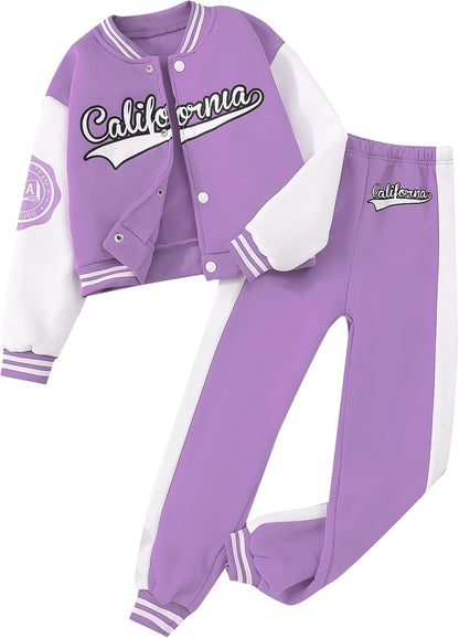 Girls Outfits 2 Piece Activewear Long Sleeve Baseball Jacket and Sweatpants Set Tracksuit