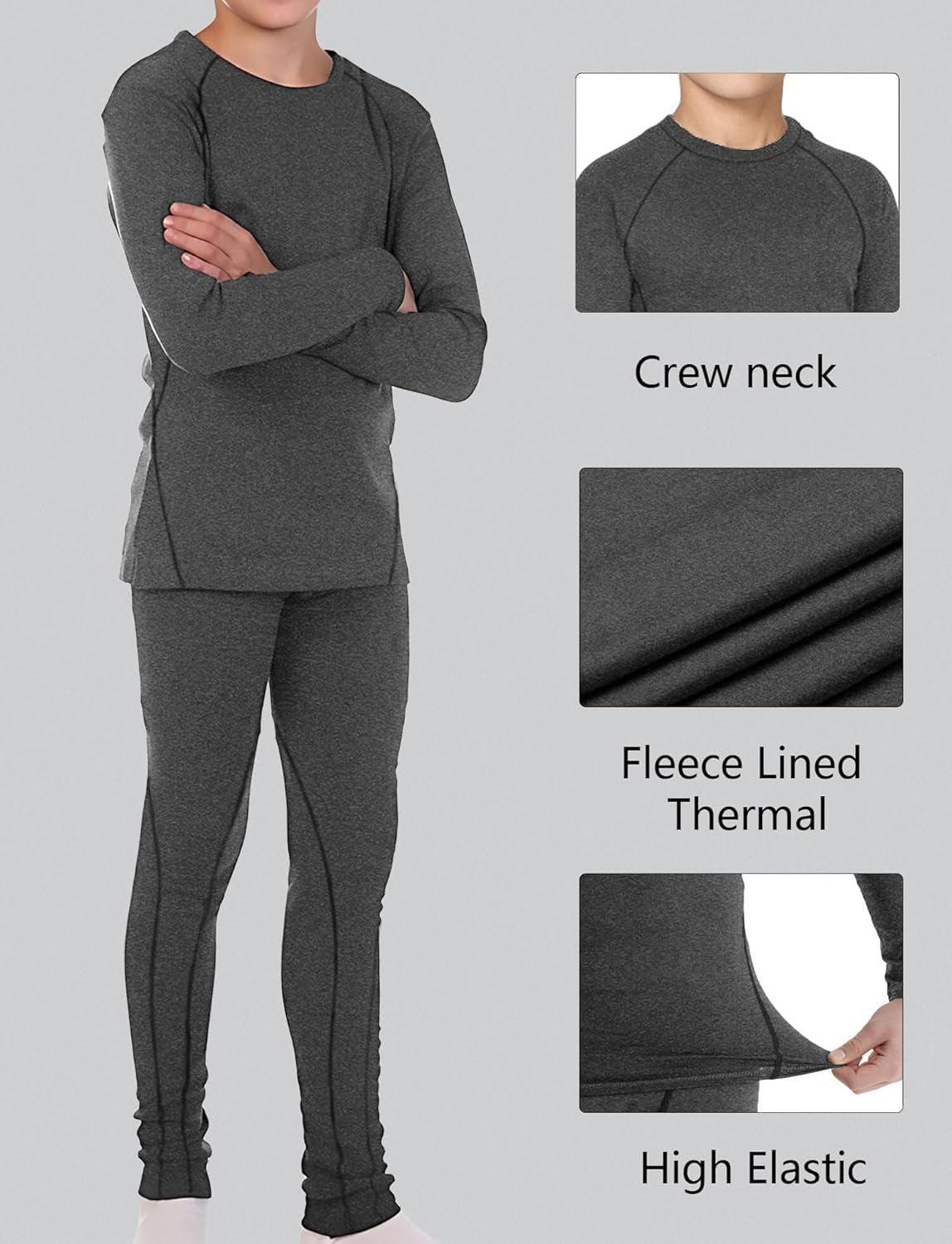 2 Sets Youth Boys Thermal Base Layer Long Johns Compression Leggings and Shirts Fleece Lined Underwear for Kids Girls
